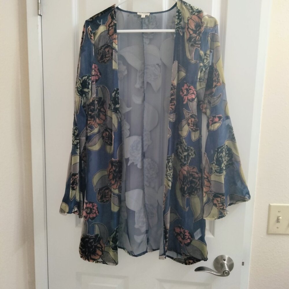 Kimono with beautiful velvet applique flowers with bell sleeves - sheer fabric